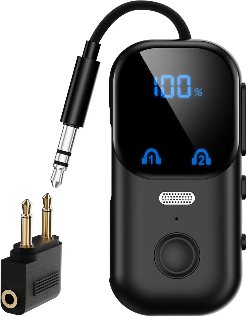 daskmenbo Bluetooth 5.4 Transmitter Receiver aptX Adaptive for 2 AirPods/Headphones, 2-in-1 Bluetooth Audio Adapter with Mic & LED Display for TV, Airplane Travel, 3.5mm AUX Wireless Adapter for Car/Home Stereo - Image 1
